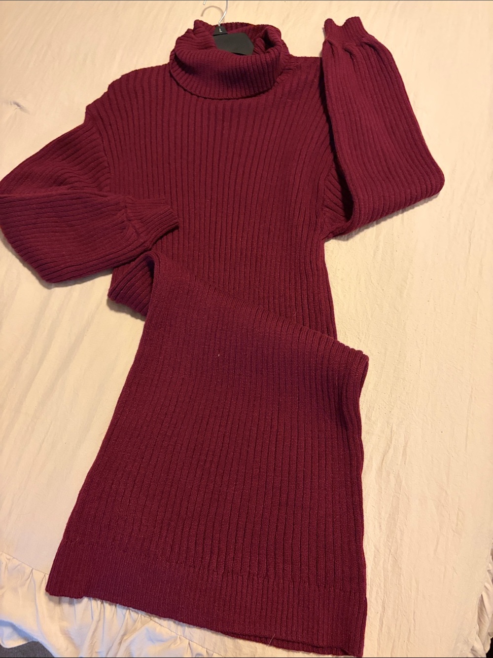 Ribbed Turtleneck Long Sleeve Dress in Burgundy